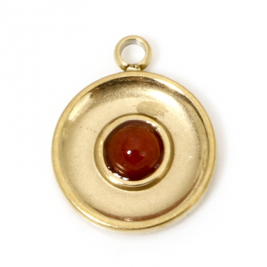 Picture of 1 Piece Eco-friendly Vacuum Plating 304 Stainless Steel & Stone Retro Charms Gold Plated Red Round 15.5mm x 12.5mm