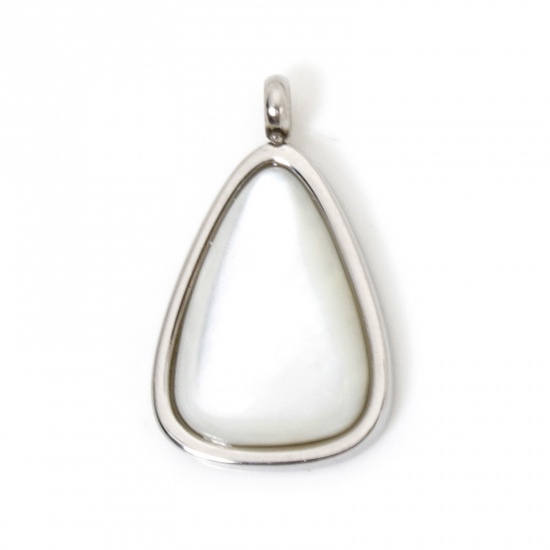 Picture of 1 Piece Eco-friendly 304 Stainless Steel & Shell Stylish Charms Silver Tone White Drop Triangle 17.5mm x 10.5mm