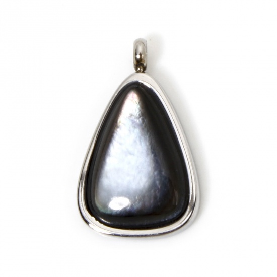 Picture of 1 Piece Eco-friendly 304 Stainless Steel & Shell Stylish Charms Silver Tone Black Drop Triangle 17.5mm x 10.5mm