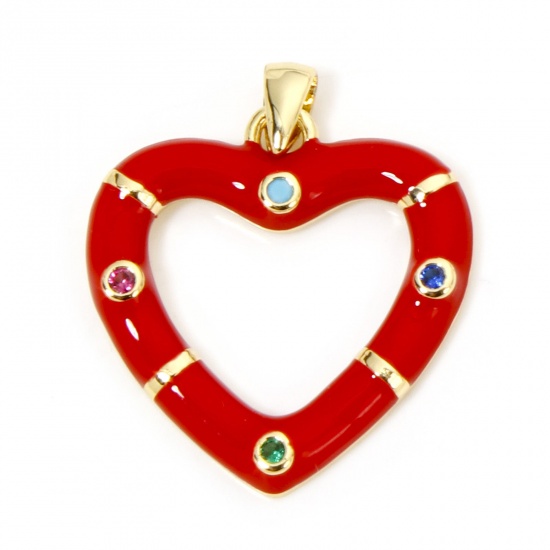 Immagine di 1 Pz Ecologico Ottone San Valentino Ciondoli Pendenti Cuore 18K Vero Oro Placcato Rosso Smalto Multicolore Cubic Zirconiae 26mm x 21mm