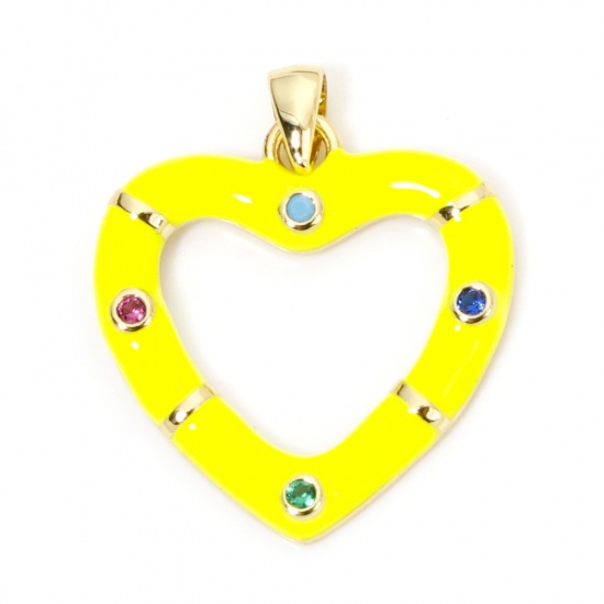 Immagine di 1 Pz Ecologico Ottone San Valentino Ciondoli Pendenti Cuore 18K Vero Oro Placcato Giallo Smalto Multicolore Cubic Zirconiae 26mm x 21mm