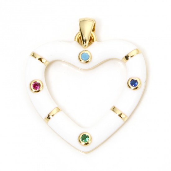 Immagine di 1 Pz Ecologico Ottone San Valentino Ciondoli Pendenti Cuore 18K Vero Oro Placcato Bianco Smalto Multicolore Cubic Zirconiae 26mm x 21mm