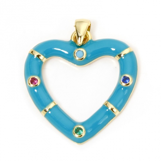 Immagine di 1 Pz Ecologico Ottone San Valentino Ciondoli Pendenti Cuore 18K Vero Oro Placcato Blu Smalto Multicolore Cubic Zirconiae 26mm x 21mm