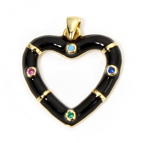 Immagine di 1 Pz Ecologico Ottone San Valentino Ciondoli Pendenti Cuore 18K Vero Oro Placcato Nero Smalto Multicolore Cubic Zirconiae 26mm x 21mm