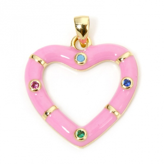 Immagine di 1 Pz Ecologico Ottone San Valentino Ciondoli Pendenti Cuore 18K Vero Oro Placcato Rosa Smalto Multicolore Cubic Zirconiae 26mm x 21mm