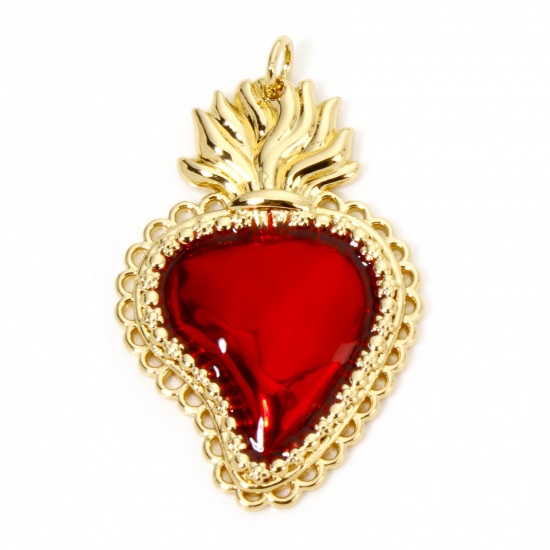 Immagine di 1 Pz Ecologico Ottone Religione Ciondoli Pendenti Ex Voto Cuore 18K Vero Oro Placcato Rosso Smalto 3.7cm x 2.3cm