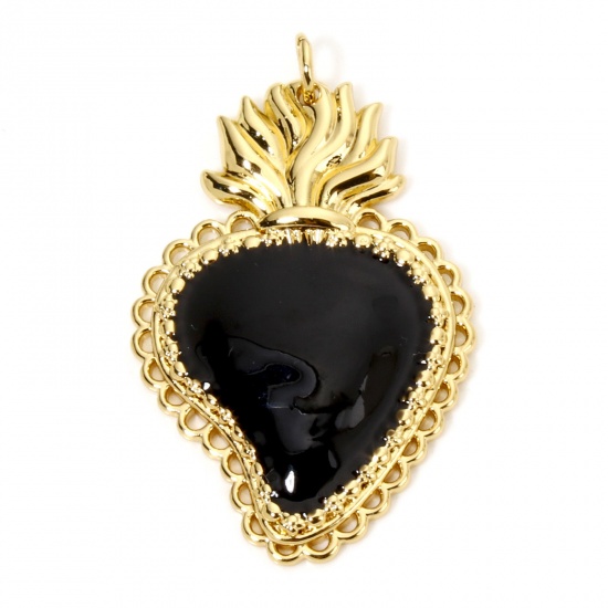 Picture of 1 Piece Eco-friendly Brass Religious Pendants 18K Real Gold Plated Black Ex Voto Heart Enamel 3.7cm x 2.3cm