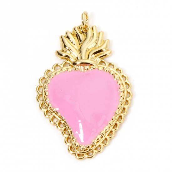 Picture of 1 Piece Eco-friendly Brass Religious Pendants 18K Real Gold Plated Pink Ex Voto Heart Enamel 3.7cm x 2.3cm