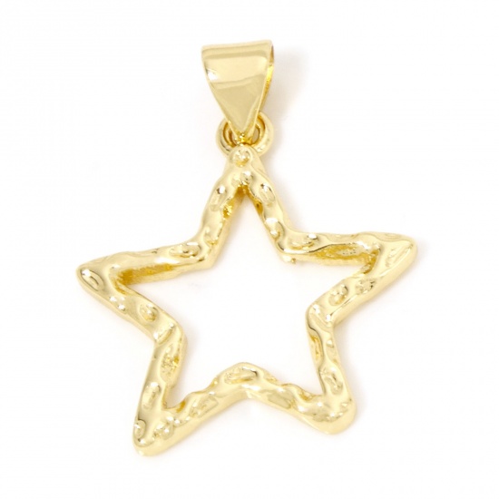 Picture of 1 Piece Eco-friendly Brass Galaxy Charm Pendant 18K Real Gold Plated Pentagram Star Texture Hollow 25mm x 19mm