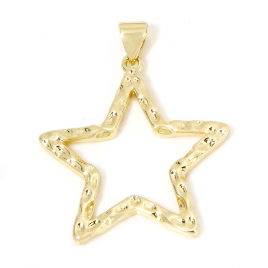 Picture of 1 Piece Eco-friendly Brass Galaxy Pendants 18K Real Gold Plated Pentagram Star Texture Hollow 3.2cm x 2.6cm