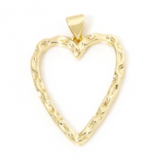 Picture of 1 Piece Eco-friendly Brass Valentine's Day Pendants 18K Real Gold Plated Heart Texture Hollow 3cm x 2.1cm