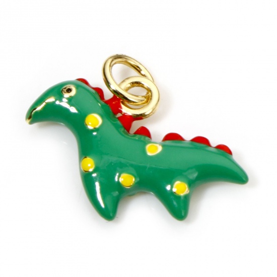 Picture of 1 Piece Eco-friendly Brass Charms 18K Real Gold Plated Green Dinosaur Animal Enamel 3D 18mm x 16mm