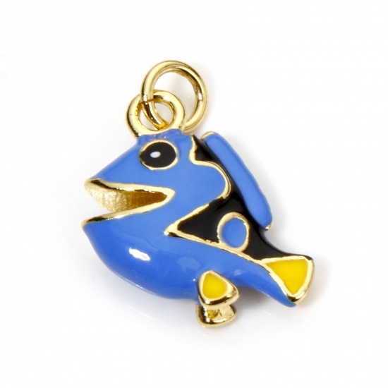 Picture of 1 Piece Eco-friendly Brass Ocean Jewelry Charms 18K Real Gold Plated Blue Fish Animal Enamel 3D 19mm x 15mm