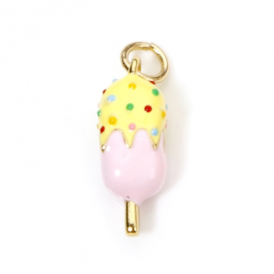 Picture of 1 Piece Eco-friendly Brass Charms 18K Real Gold Plated Pink & Yellow Ice Lolly Enamel 3D 21mm x 6mm