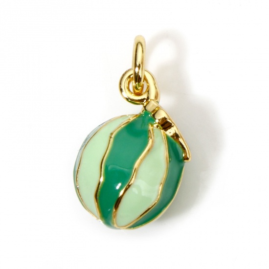 Picture of 1 Piece Eco-friendly Brass Charms 18K Real Gold Plated Green Watermelon Fruit Enamel 3D 16mm x 8.5mm