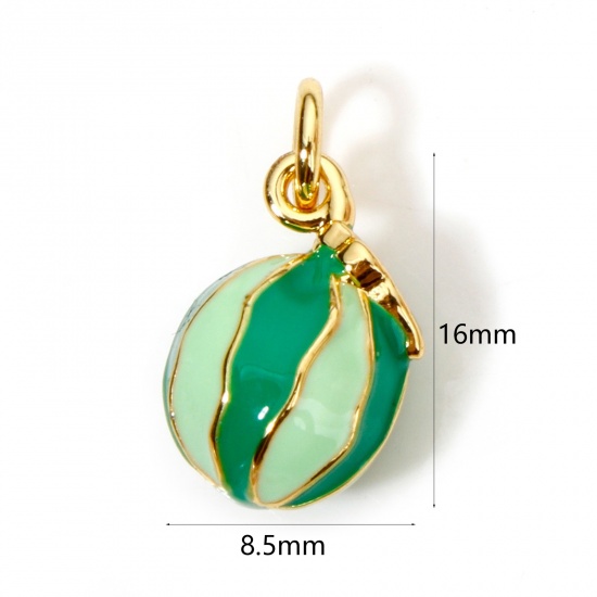 Picture of 1 Piece Eco-friendly Brass Charms 18K Real Gold Plated Green Watermelon Fruit Enamel 3D 16mm x 8.5mm