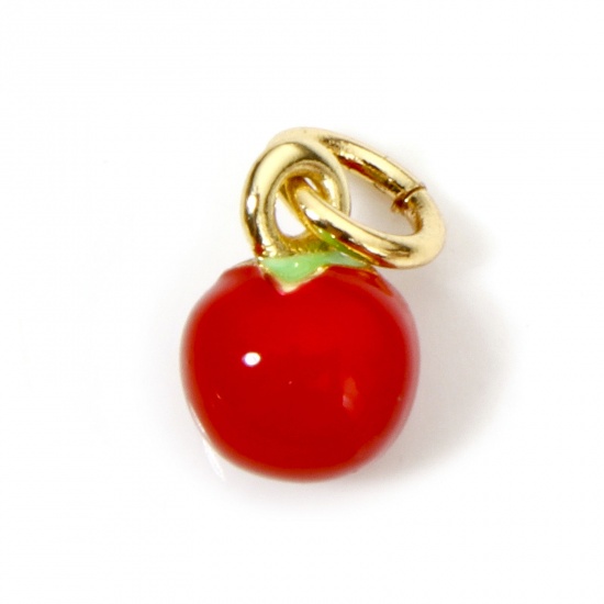 Bild von 1 Stück Umweltfreundlich Messing Charms 18K Echtgold plattiert Rot Tomate Emaille 11,5mm x 6mm