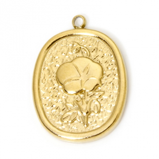 Imagen de 2 Unidades Recubrimiento al Vacío PVD Ecológico 304 Acero Inoxidable Estilo Pastoral Colgantes Óvalo 18K Oro Real Chapado Flor 20.5mm x 15.5mm