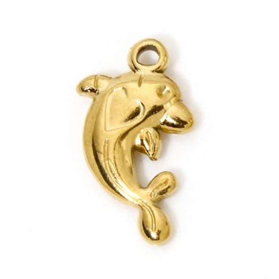Imagen de 2 Unidades Recubrimiento al Vacío PVD Ecológico 304 Acero Inoxidable Joyería del océano Colgantes Delfín 18K Oro Real Chapado Corazón 20mm x 12mm