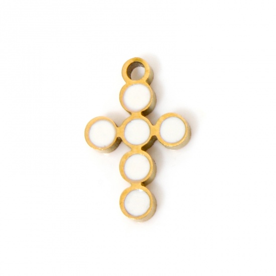 Immagine di 2 Pz Placcatura Sottovuoto 304 Acciaio Inossidabile Religione Ciondoli Croce Oro Placcato Bianco Tondo Smalto 10.5mm x 7mm