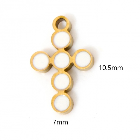 Picture of 2 PCs Vacuum Plating 304 Stainless Steel Religious Charms Gold Plated White Cross Round Enamel 10.5mm x 7mm