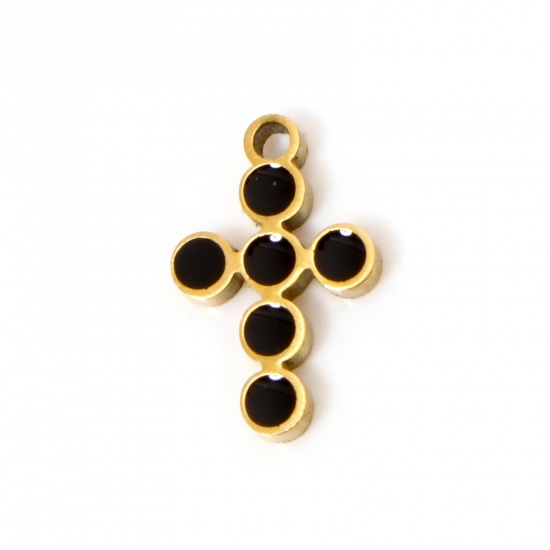 Picture of 2 PCs Vacuum Plating 304 Stainless Steel Religious Charms Gold Plated Black Cross Round Enamel 10.5mm x 7mm