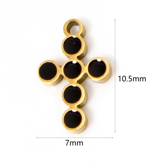 Picture of 2 PCs Vacuum Plating 304 Stainless Steel Religious Charms Gold Plated Black Cross Round Enamel 10.5mm x 7mm