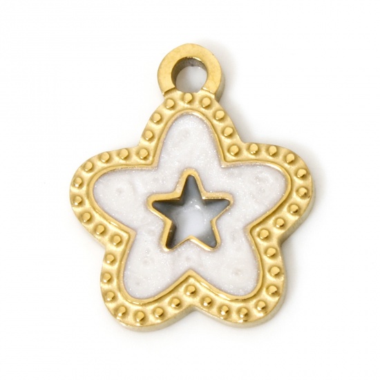 Picture of 2 PCs Vacuum Plating 304 Stainless Steel Retro Charms Gold Plated White Pentagram Star Enamel 15mm x 13mm