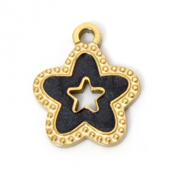 Picture of 2 PCs Vacuum Plating 304 Stainless Steel Retro Charms Gold Plated Black Pentagram Star Enamel 15mm x 13mm