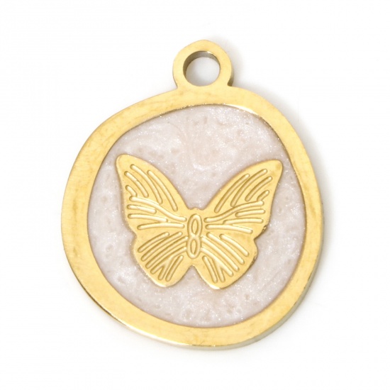 Picture of 2 PCs Vacuum Plating 304 Stainless Steel Retro Charms Gold Plated White Round Butterfly Enamel 18mm x 15mm