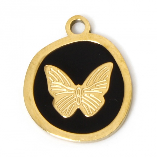 Picture of 2 PCs Vacuum Plating 304 Stainless Steel Retro Charms Gold Plated Black Round Butterfly Enamel 18mm x 15mm