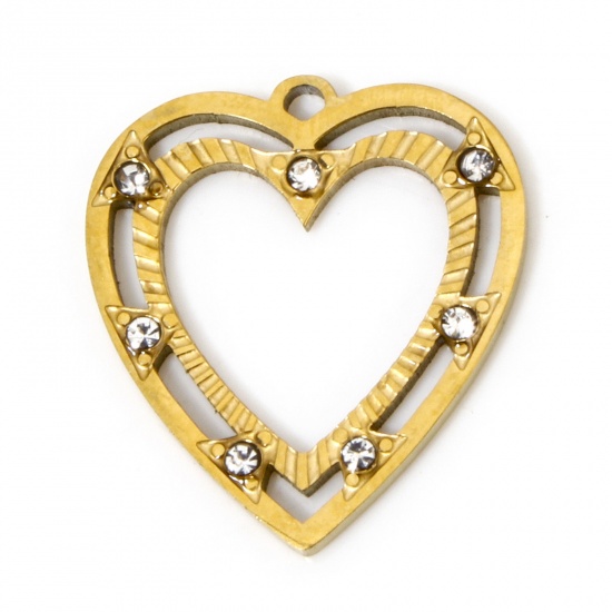 Immagine di 2 Pz Placcatura Sottovuoto 304 Acciaio Inossidabile San Valentino Ciondoli Cuore Oro Placcato Filigrana Trasparente Strass 20mm x 18mm