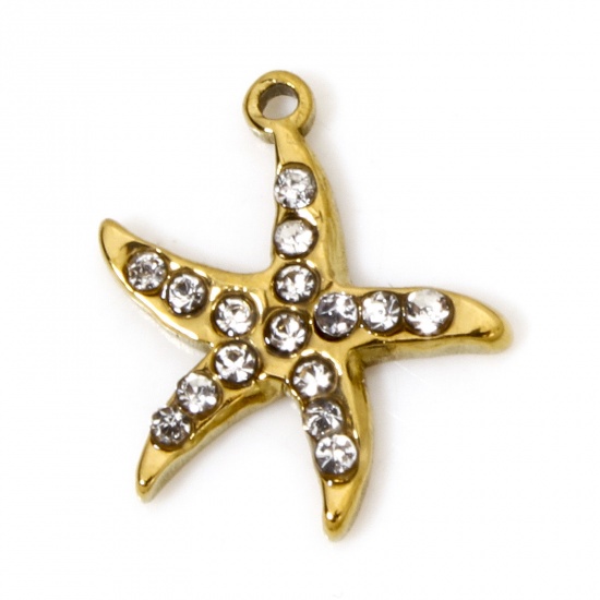 Immagine di 2 Pz Placcatura Sottovuoto 304 Acciaio Inossidabile Gioielli Oceanici Ciondoli Stella di Mare Oro Placcato Micro Spianare Trasparente Strass 13.5mm x 11.5mm