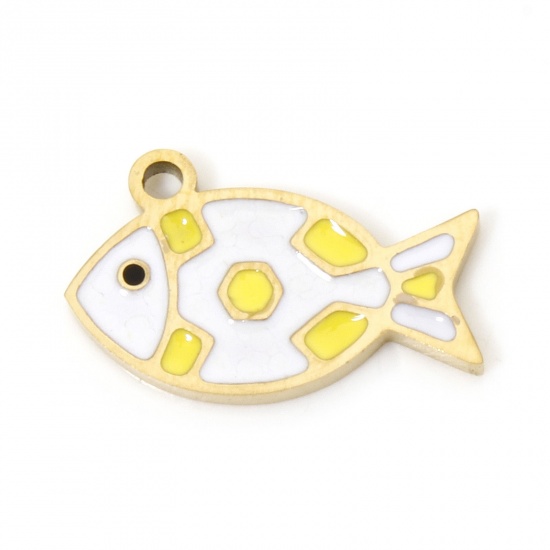 Image de 2 Pcs Breloques en 304 Acier Inoxydable Placage sous Vide PVD Respectueux de l'Environnement Bijoux d'Océan Poisson Plaqué Or Véritable 18K Blanc & Jaune Émail 14.5mm x 9mm