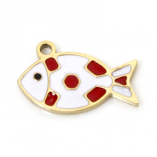 Image de 2 Pcs Breloques en 304 Acier Inoxydable Placage sous Vide PVD Respectueux de l'Environnement Bijoux d'Océan Poisson Plaqué Or Véritable 18K Blanc & Rouge Émail 14.5mm x 9mm