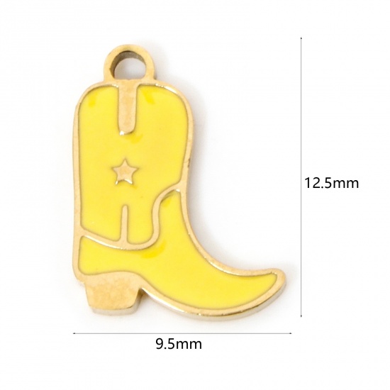 Image de 2 Pcs Breloques en 304 Acier Inoxydable Placage sous Vide PVD Respectueux de l'Environnement Cowboy de l'Ouest Boots Plaqué Or Véritable 18K Jaune Pentacle Émail 12.5mm x 9.5mm