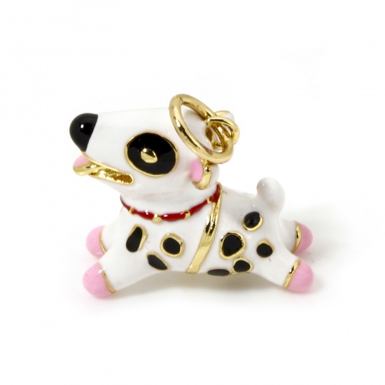 Picture of 1 Piece Eco-friendly Brass Charms 18K Real Gold Plated Black & White Dog Animal Enamel 3D 15mm x 15mm