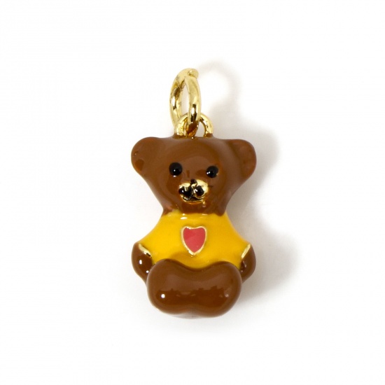 Picture of 1 Piece Eco-friendly Brass Charms 18K Real Gold Plated Brown Bear Animal Enamel 3D 18mm x 9mm