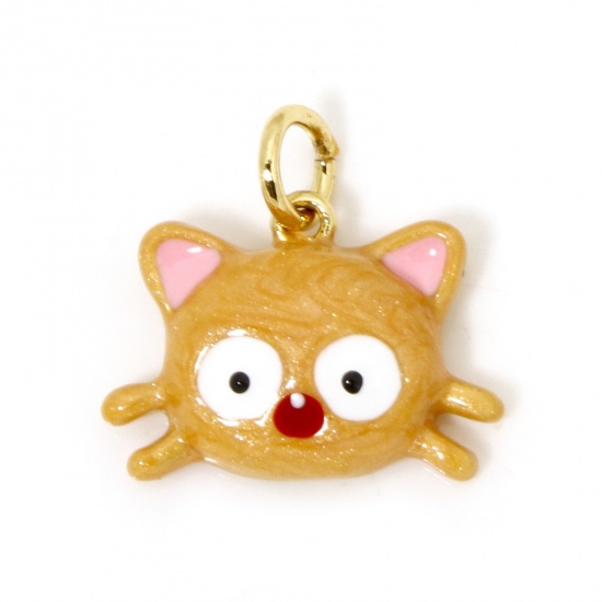 Picture of 1 Piece Eco-friendly Brass Charms 18K Real Gold Plated Orange Cat Animal Enamel 15.5mm x 15mm