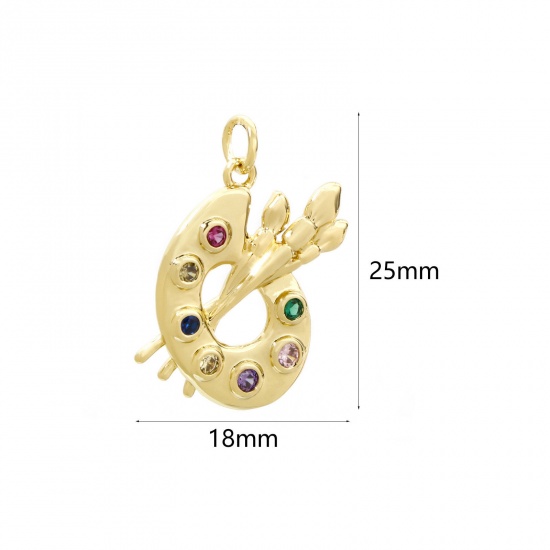 Picture of 1 Piece Eco-friendly Brass College Jewelry Charms 18K Real Gold Plated Palette Multicolour Cubic Zirconia 25mm x 18mm