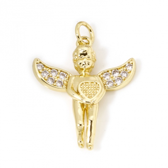 Picture of 1 Piece Eco-friendly Brass Religious Charms 18K Real Gold Plated Angel Micro Pave Clear Cubic Zirconia 3D 26mm x 19mm