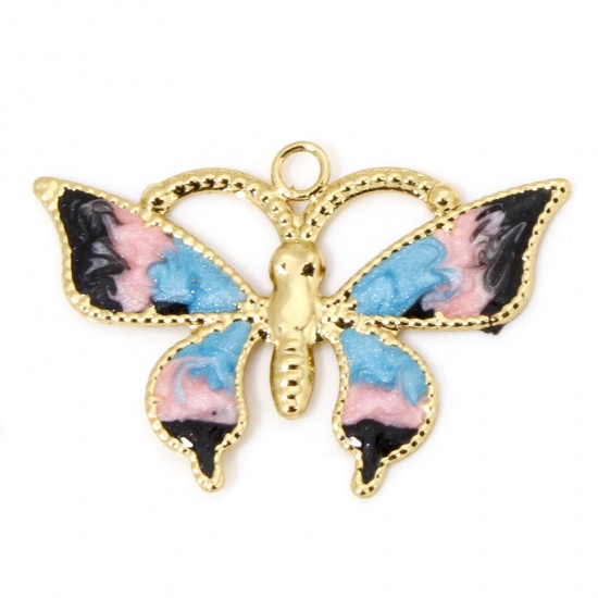 Image de 1 Pièce Breloques Insecte en Laiton Respectueux de la Nature Papillon Plaqué Or Véritable 18K Rose & Bleu Clair Émail 26mm x 18mm