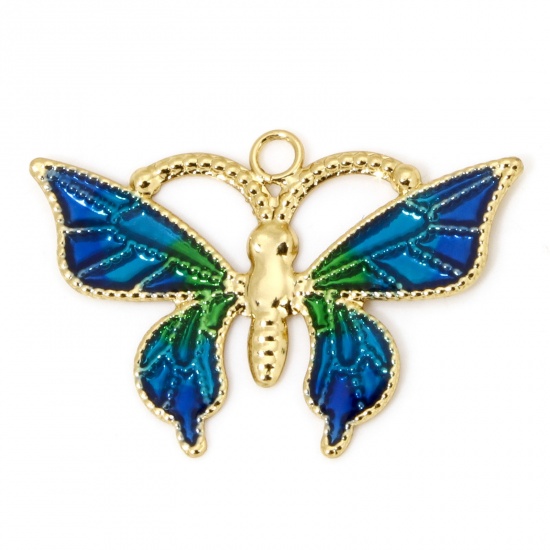 Image de 1 Pièce Breloques Insecte en Laiton Respectueux de la Nature Papillon Plaqué Or Véritable 18K Bleu Foncé Émail 26mm x 18mm