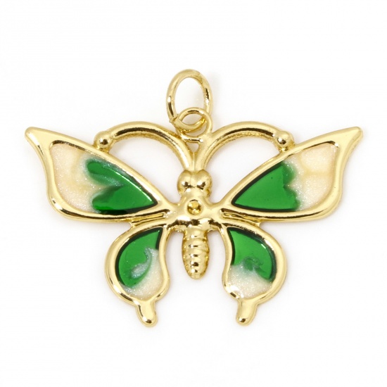 Image de 1 Pièce Breloques Insecte en Laiton Respectueux de la Nature Papillon Plaqué Or Véritable 18K Vert Émail 26mm x 21mm