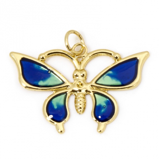 Image de 1 Pièce Breloques Insecte en Laiton Respectueux de la Nature Papillon Plaqué Or Véritable 18K Bleu & Vert Émail 26mm x 21mm