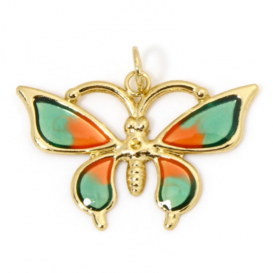 Image de 1 Pièce Breloques Insecte en Laiton Respectueux de la Nature Papillon Plaqué Or Véritable 18K Vert & Orange Émail 26mm x 21mm