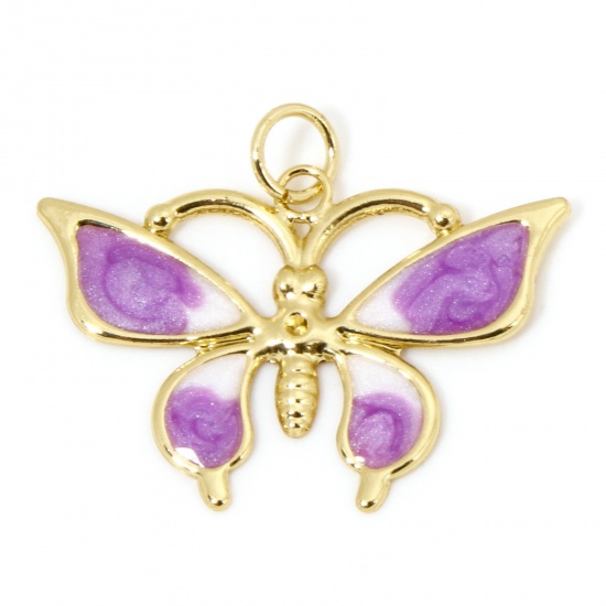 Image de 1 Pièce Breloques Insecte en Laiton Respectueux de la Nature Papillon Plaqué Or Véritable 18K Blanc & Violet Émail 26mm x 21mm