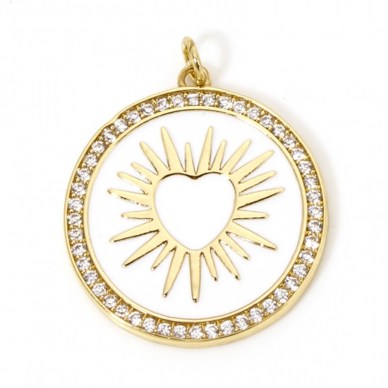 Picture of 1 Piece Eco-friendly Brass Micro Pave Pendants 18K Real Gold Plated White Round Sun Enamel 3.2cm x 2.6cm