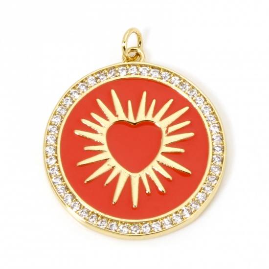 Picture of 1 Piece Eco-friendly Brass Micro Pave Pendants 18K Real Gold Plated Orange-red Round Sun Enamel 3.2cm x 2.6cm