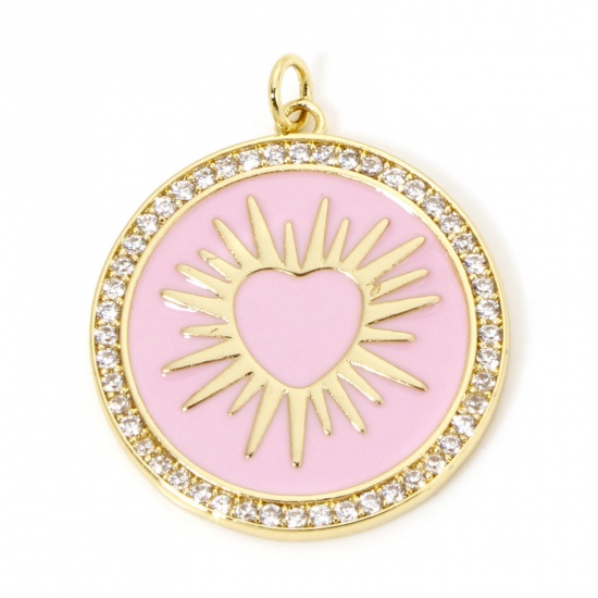 Picture of 1 Piece Eco-friendly Brass Micro Pave Pendants 18K Real Gold Plated Pink Round Sun Enamel 3.2cm x 2.6cm